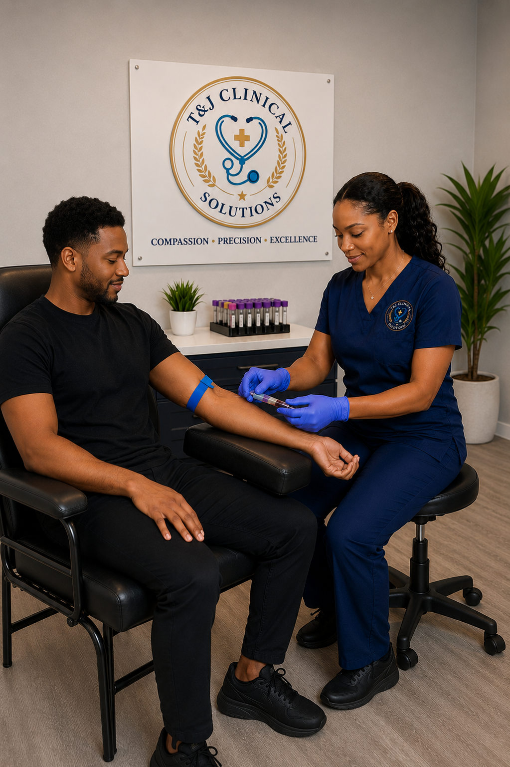 T&J Clinical Solutions in action — mobile phlebotomy, clinical staff, and branded service vehicle